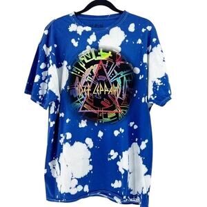 Def Leppard Vintage Style Bleached Tie Dye Graphic Unisex T Shirt M Blue Multi